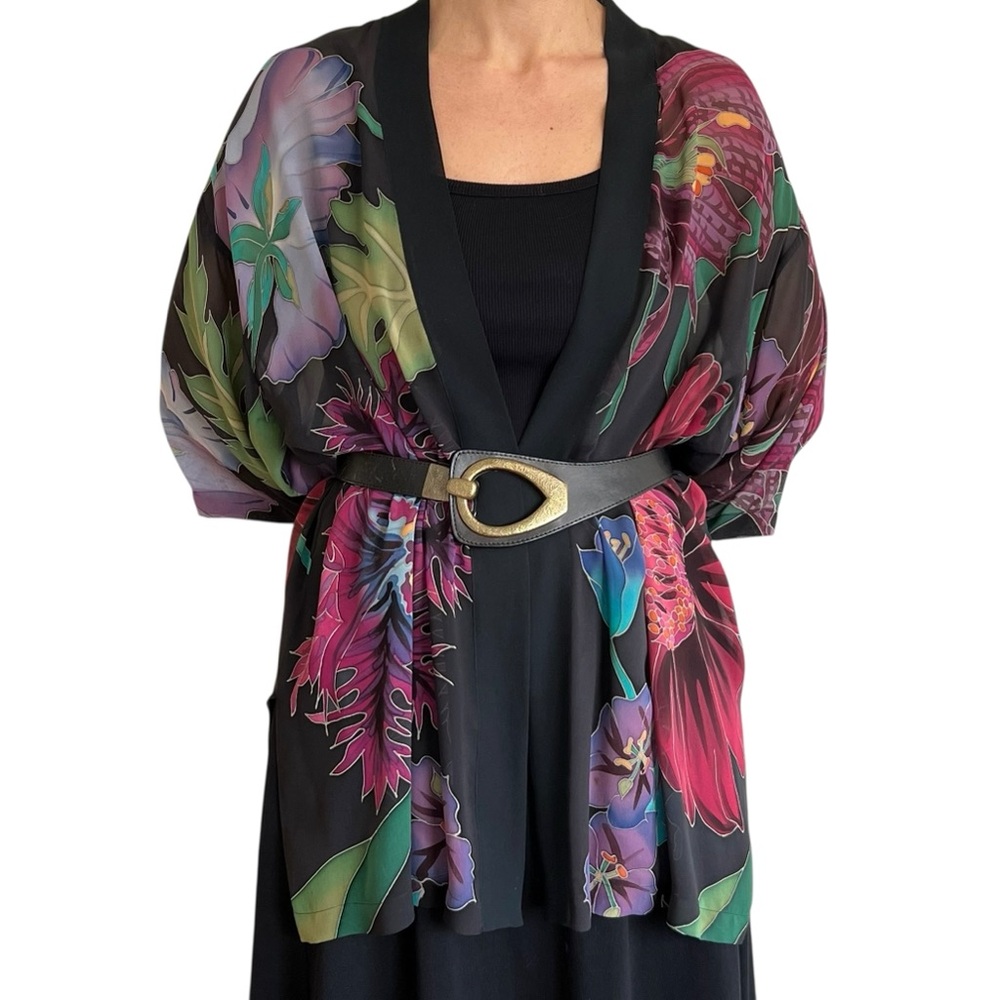 Rare Colorful Tropical Floral Island Print Silk Kimono One Size - Picture 7 of 16